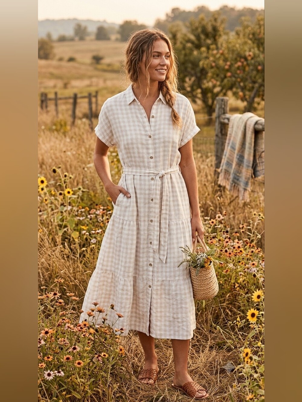 Gingham Button-Front Shirt Dress with Tie Belt